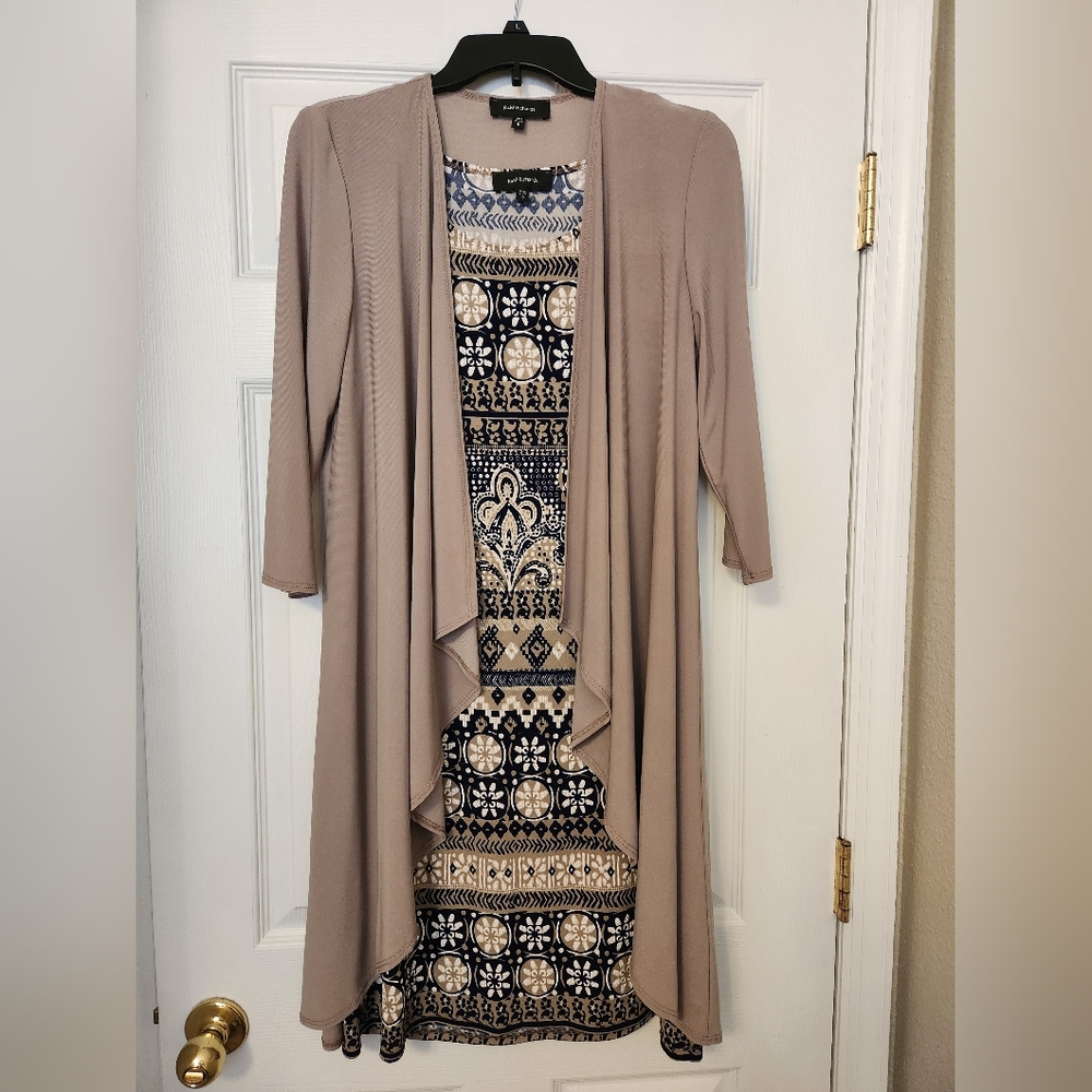 Navy, tan and white dress with matching tan jacket, R&M Richards, ladies size 8